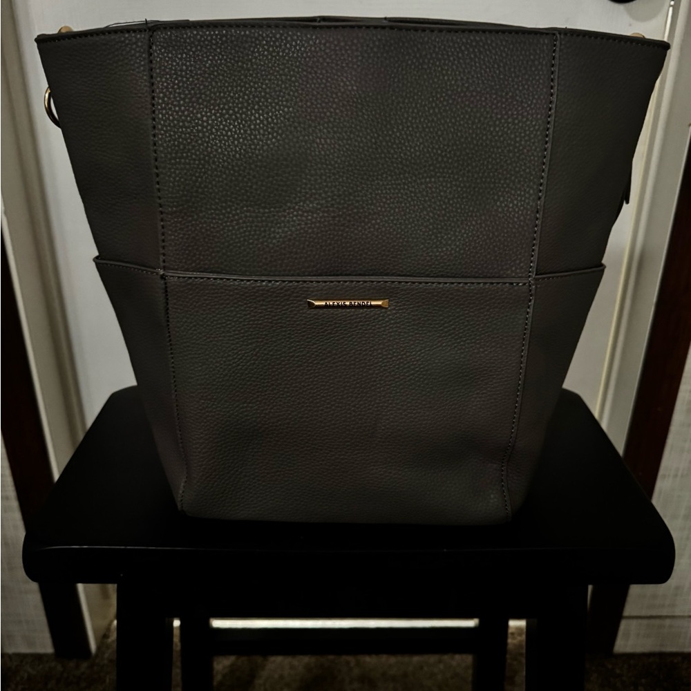 Alexis Bendel Grey Pebbled Tote with Gold Plaque